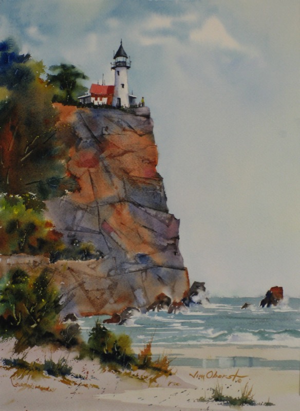 seascape, landscape, cliff, lighthouse, lake superior, original watercolor painting, oberst